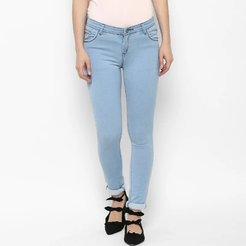 Women's Ice Blue Lycra Denim Distressed Jeans - StyleStone