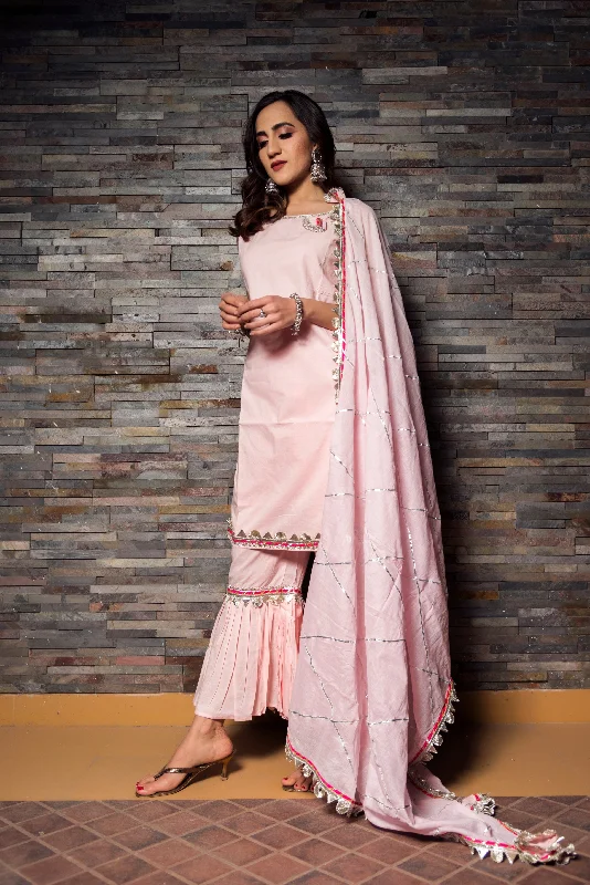 Women's Gotta Jaal Pink Cotton Kurta Sharara Set - Pomcha Jaipur