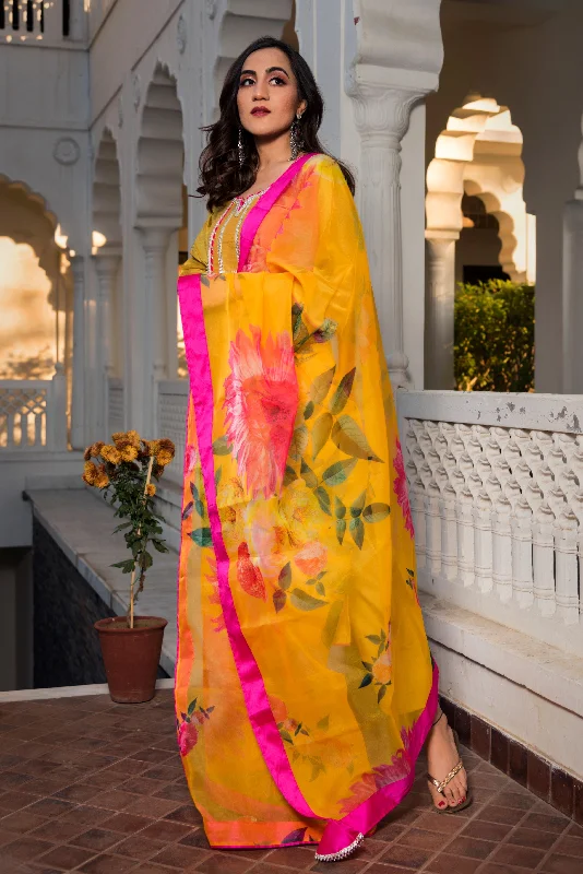 Women's Yellow Cotton Silk Kurta Set - Pomcha Jaipur