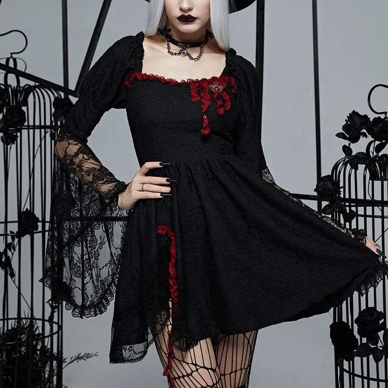 Women's Gothic Flared Sleeved Lace Splice Dress