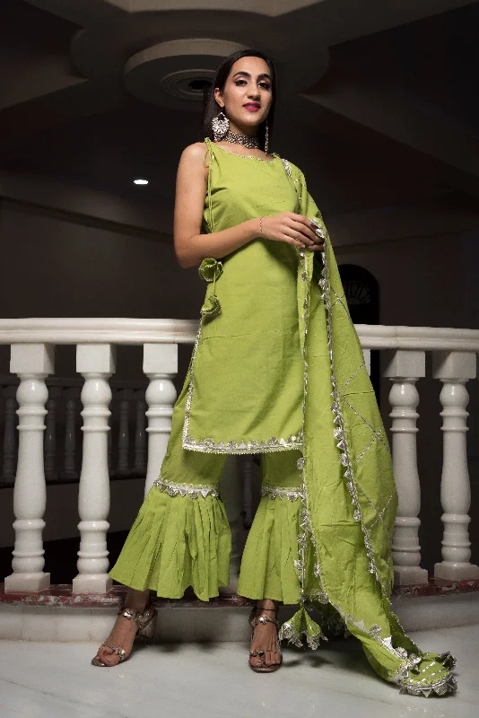 Women's Gotta Jaal Green Cotton Sharara Set - Pomcha Jaipur