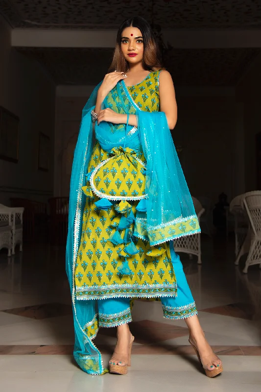 Women's gulzar blue hand block cotton suit set - Pomcha Jaipur