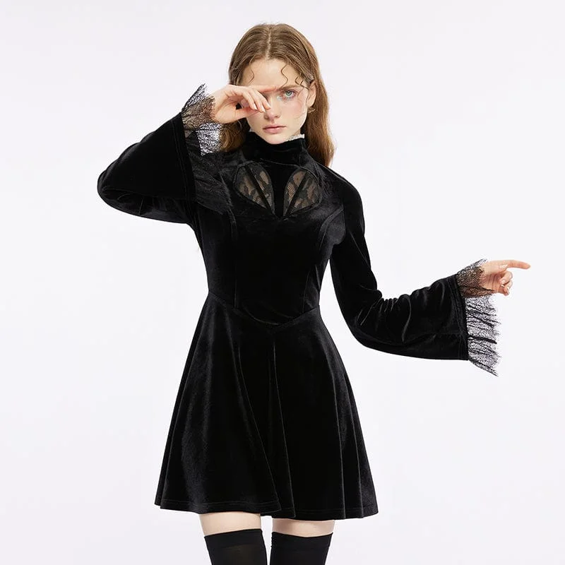 Women's Gothic Stand Collar Lace Splice Velvet Dress