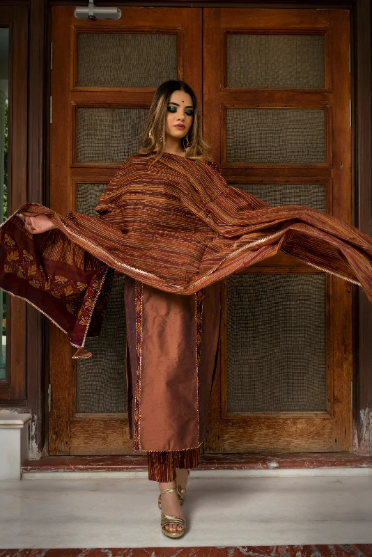 Women's BROWN COTTON SILK HAND BLOCK PRINT SUIT SET - Pomcha Jaipur