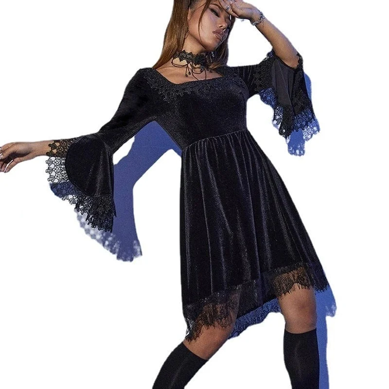 Women's Gothic Flared Sleeved Lace Hem Velvet Dress