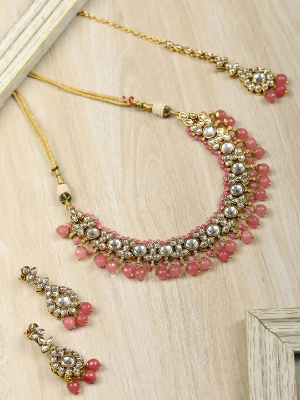 Women's Pink Beads Pearls Kundan Gold Plated Jewellery Set with Maang Tikka - Priyaasi