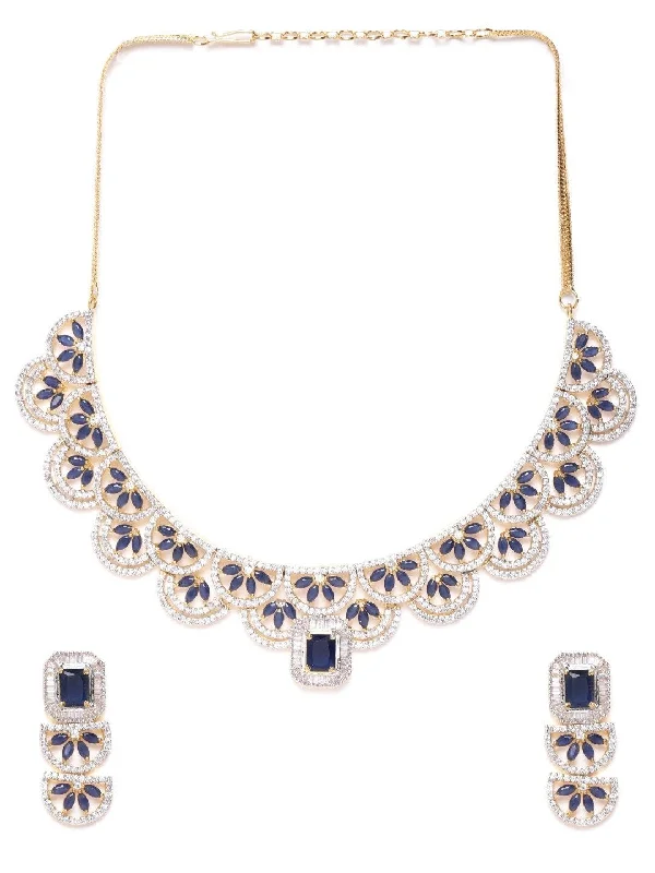 Women's Blue American Diamond Gold Plated Jewellery Set - Priyaasi