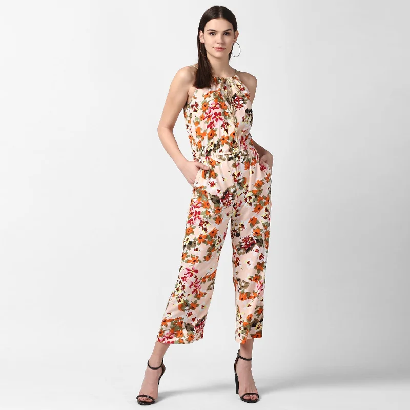 Women's Floral Printed Jumpsuit with Gold Lace Neckstrap - StyleStone