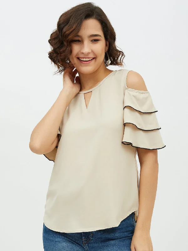 Women's Gold Polyester Moss Tier Sleeve Top - StyleStone