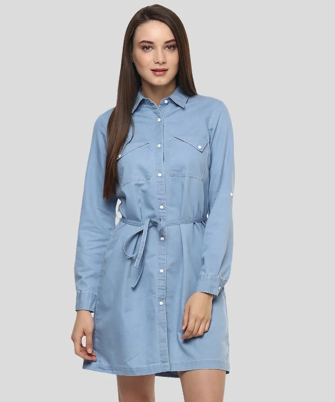 Women's Denim Stylish Triangular Pocket Style Dress - StyleStone