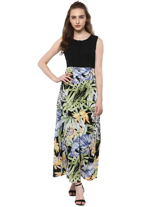 Women's Long Maxi Dress with Tropical Print - StyleStone