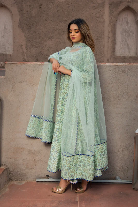 Women's AQUA GREEN HAND BLOCK PRINT ANARKALI SET - Pomcha Jaipur