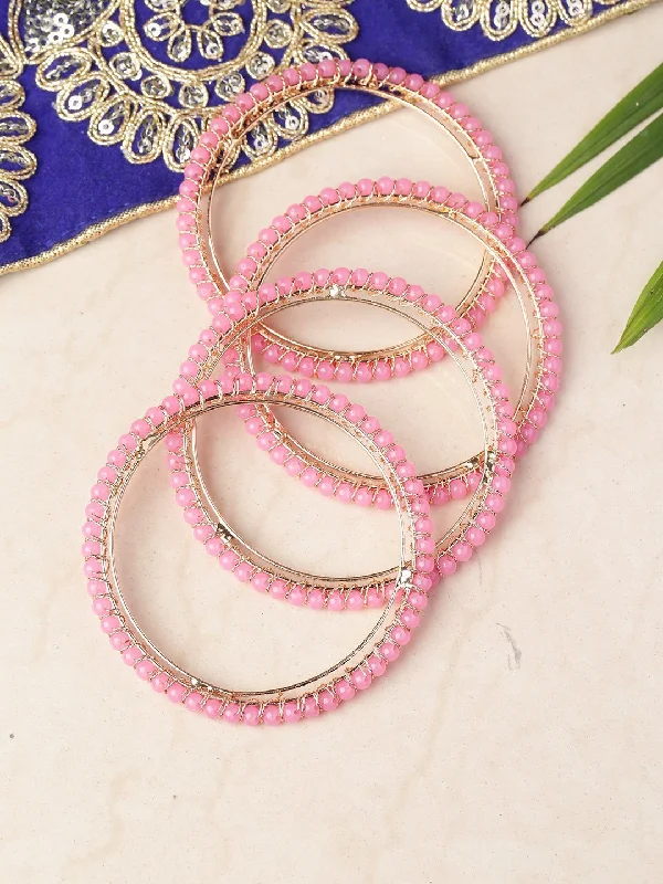 Women's Set Of 4 Gold-Plated Pink Beaded Bangles - Priyaasi