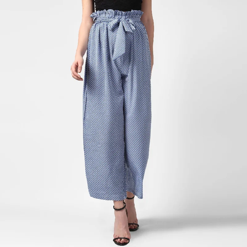 Women's Blue Stripe Paperbag Pants with elasticated waistband - StyleStone