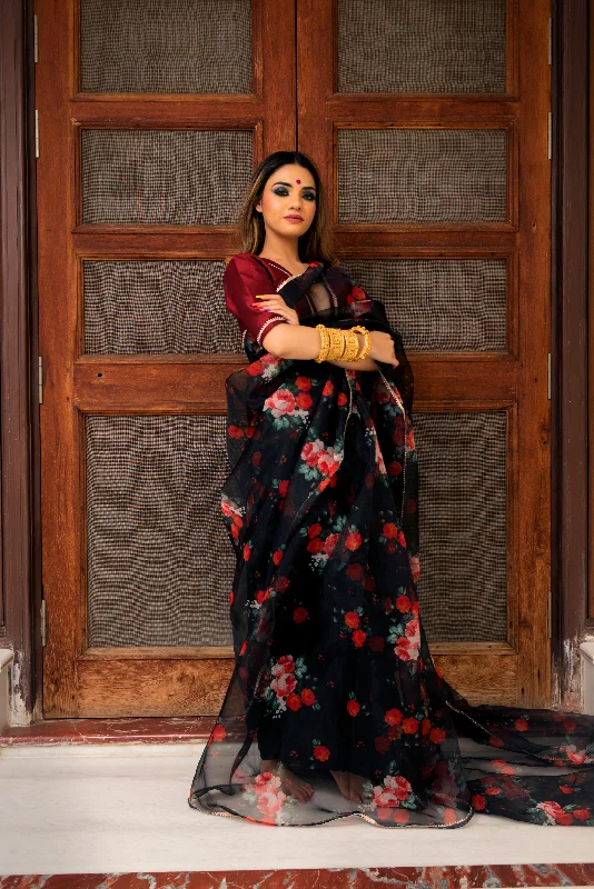 Women's BLACK & RED ORGANZA SAREE - Pomcha Jaipur