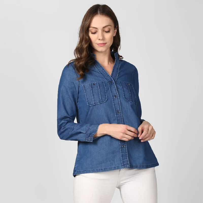 Women's Blue Denim Top cum shirt with striped pocket detail - StyleStone