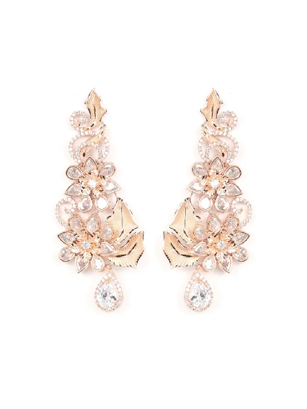 Women's Rose Gold Plated American Diamond Floral Drop Earring - Priyaasi