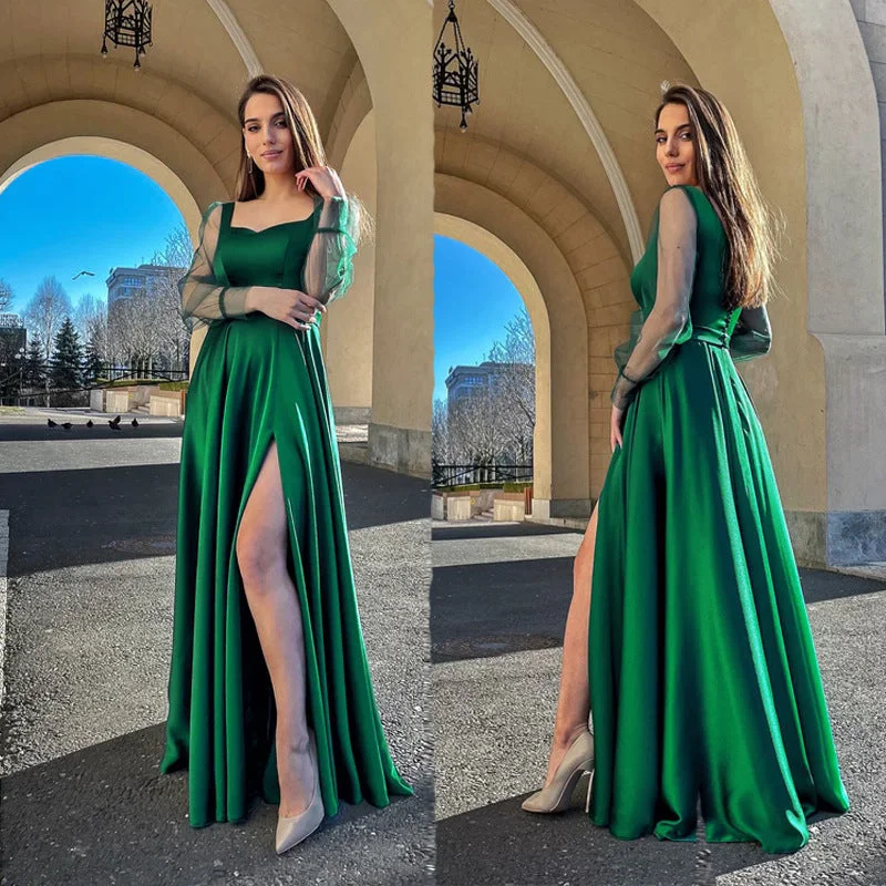 Round Neck Long Sleeves Green Party Dresses for Women