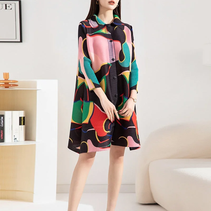 Miyake Pleated Printed Turn-down Collar Mini Dress