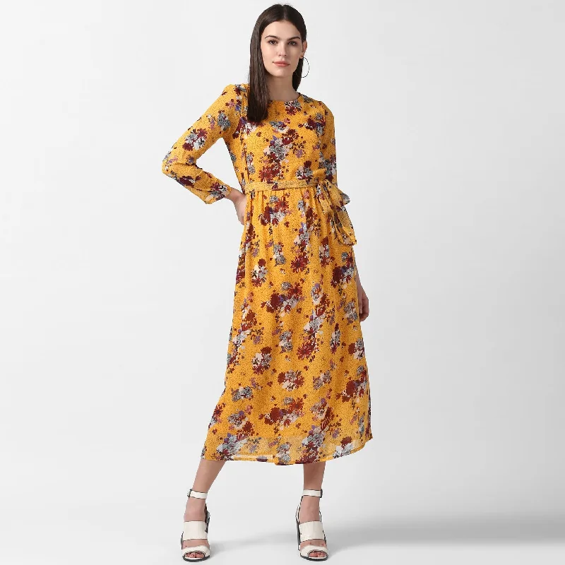 Women's Floral Chiffon Dress with Belt - StyleStone