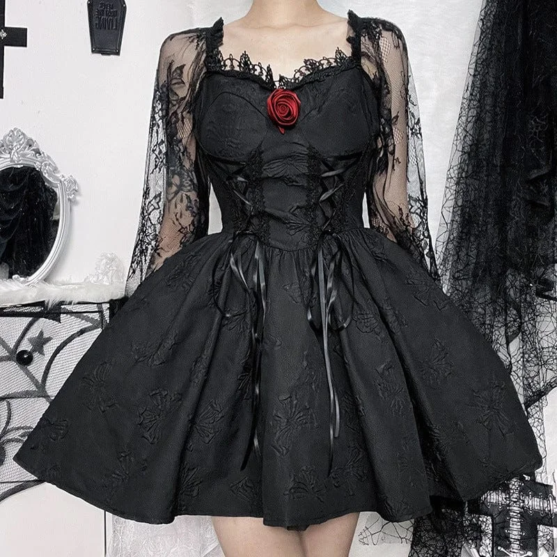 Women's Gothic Lace Sleeved Rose Draped Dress