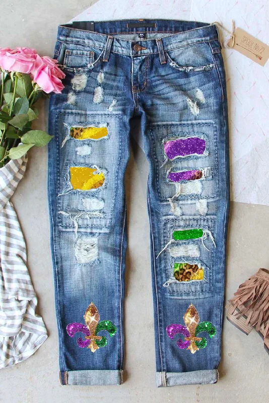 Sequin Distressed Straight Jeans