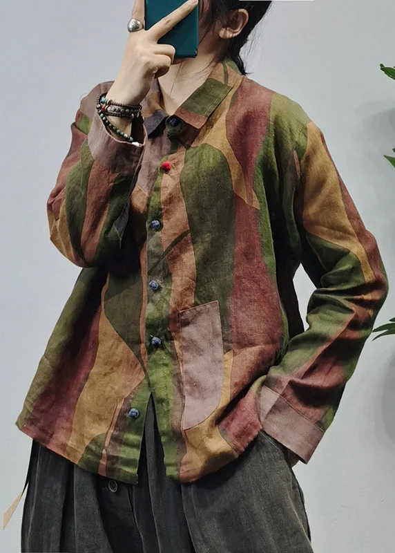 Vintage Green wrinkled Patchwork Linen Shirt Tops Long Sleeve