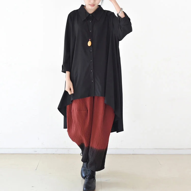 2024 autumn thin black cotton shirts asymmetrical design low high blouses oversized cotton tops