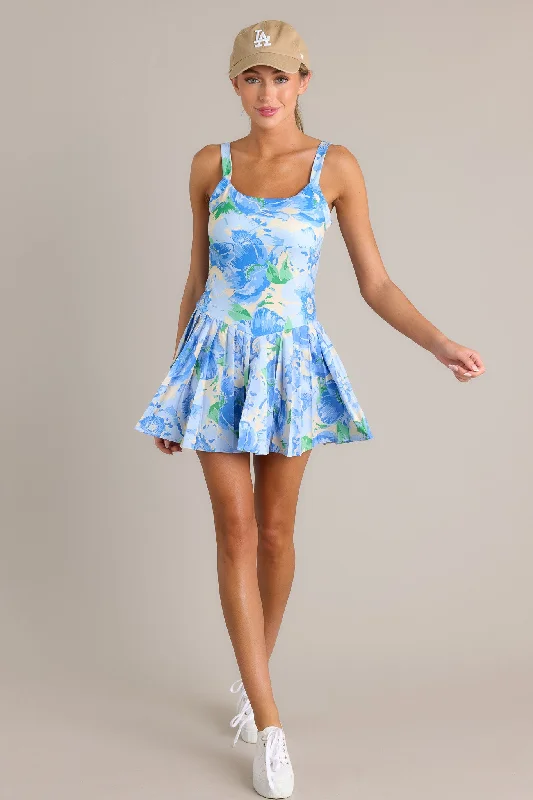 Garden Party Blue Floral Pleated Tennis Dress