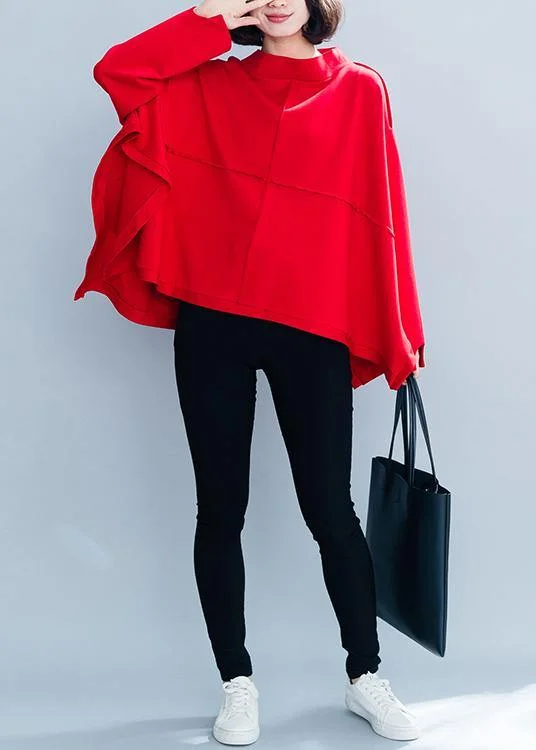 Women high neck asymmetric clothes Shirts red top