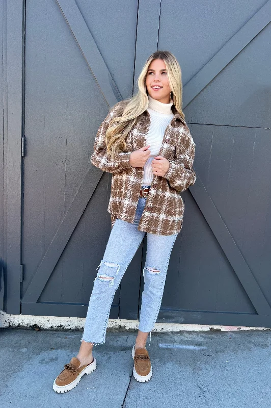 Cozy All Season Plaid Shacket Taupe/Cream