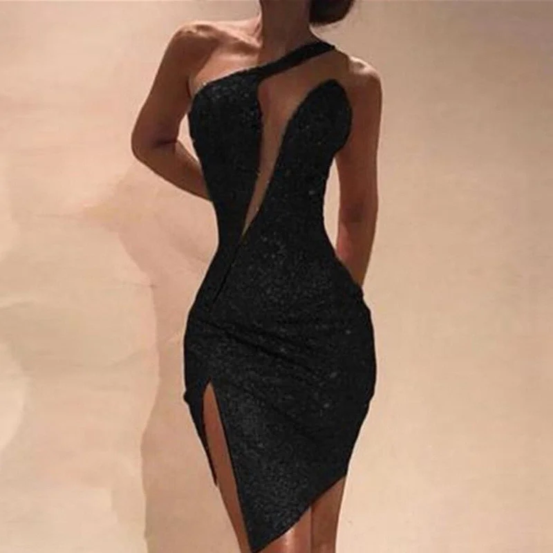 DressBetty - Plus Size Women's Dresses Sexy Clod Shoulder Sequins Split Sleeveless Nightclub Party Sleeveless Mini Dress For Women