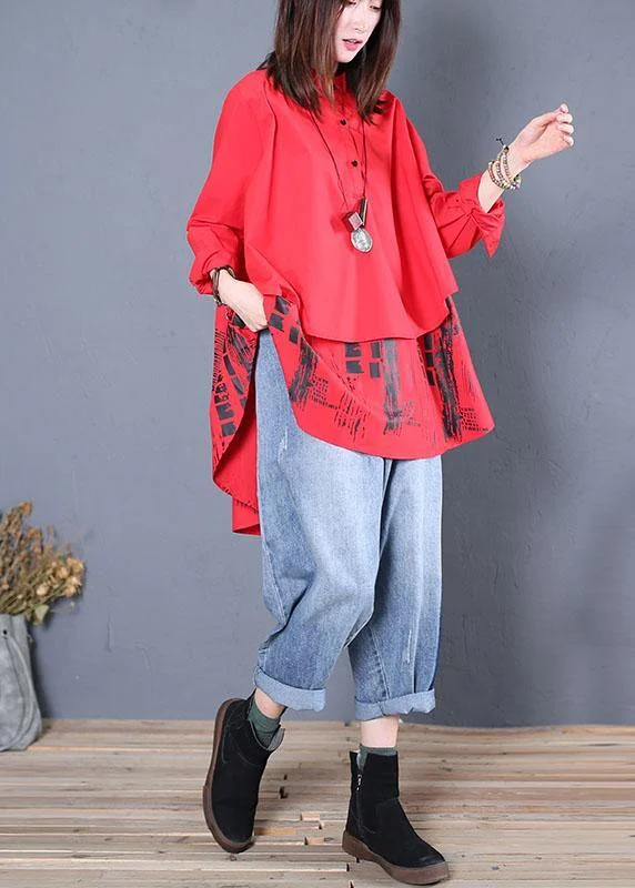 Women red print cotton tunics stand collar patchwork cotton fall blouse