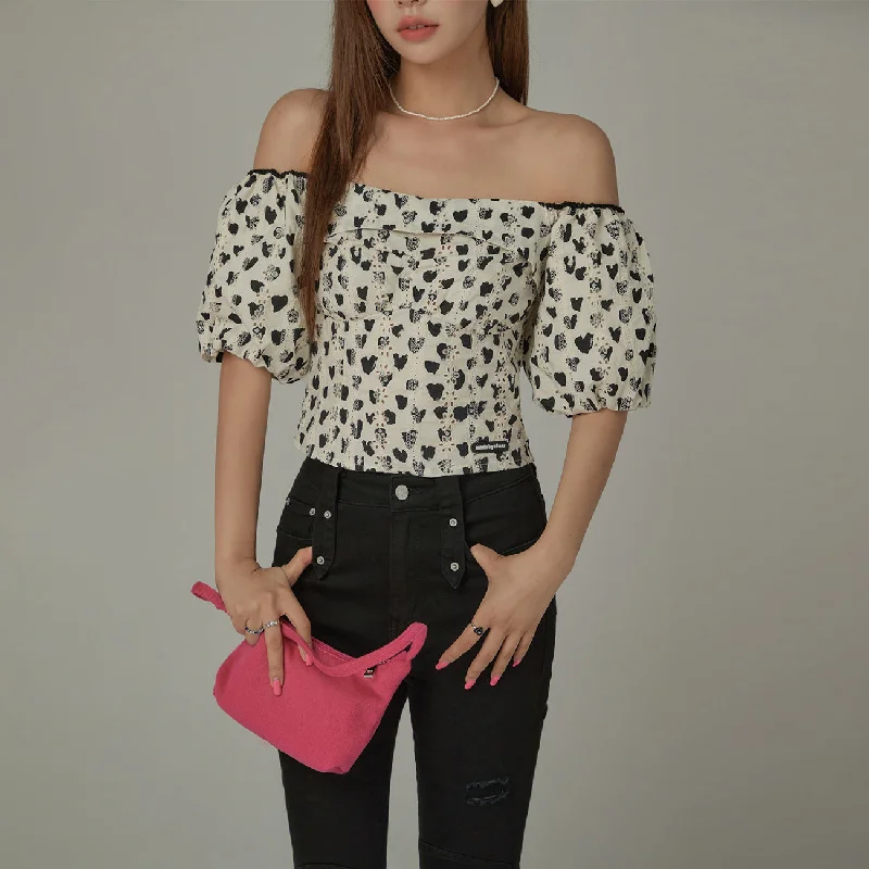 Heart Pattern Puff Sleeve Blouse