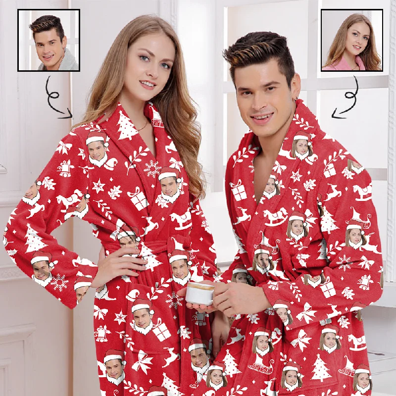 Custom Face Fleece Robe Christmas Red Personalized All Over Print Pajama Kimono Robe for Men Women