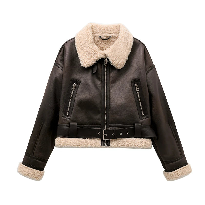 Women's Faux Shearling Vintage Jacket with Belt