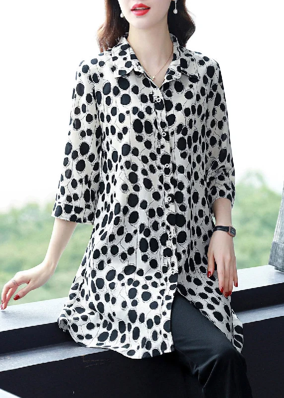 Women White Peter Pan Collar Button Dot Chiffon Shirt Tops Long sleeve