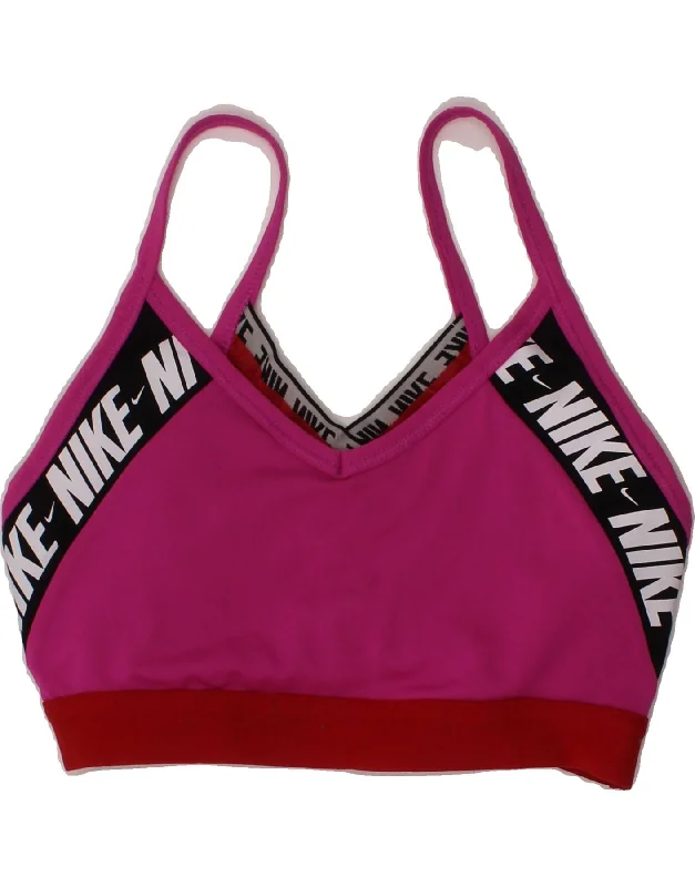 NIKE Womens Dri Fit Graphic Sport Bra Top UK 8 Small Pink Colourblock