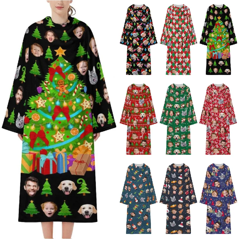 Flannel Wearable Blanket Robe Custom Face Covered Robe Oversized Hoodie Fleece Blanket Christmas Gift