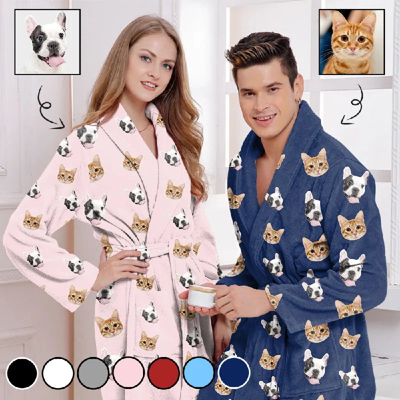 Custom Face Fleece Robe Pet Face Personalized All Over Print Pajama Kimono Robe for Men Women