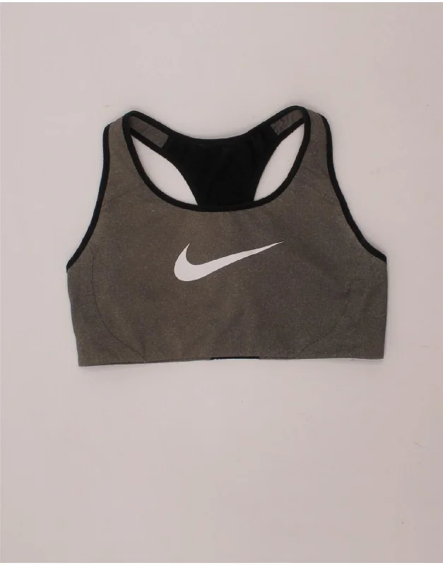 NIKE Womens Dri Fit Graphic Sport Bra Top UK 10 Small Grey Colourblock