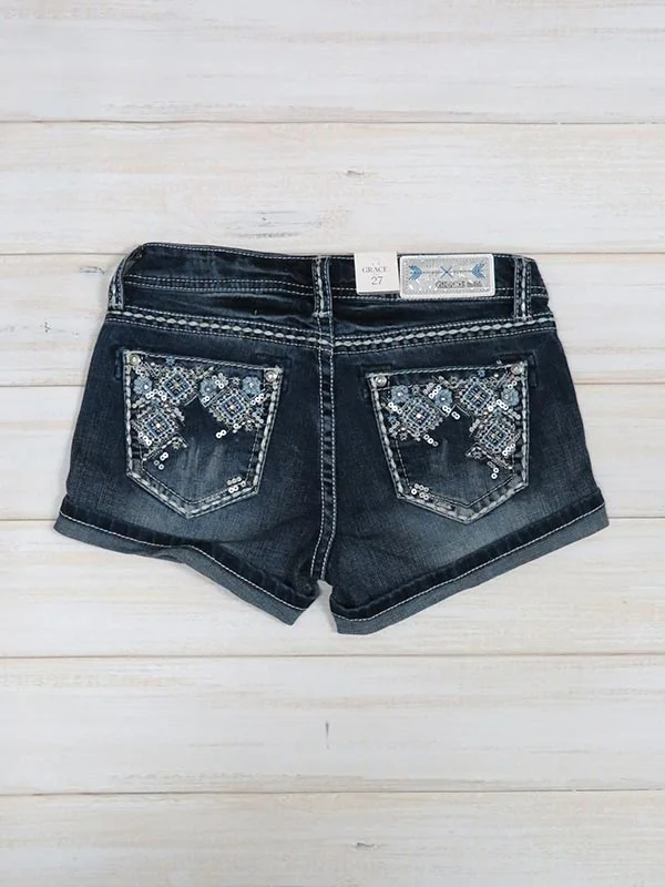 Grace In LA JHW51376 Womens Crystals Aztec Embroidery Denim Short Dark Wash