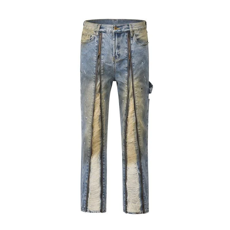 High Street Trendy Brand Long Zipper Split Burnt Out Speckled Ink Jeans