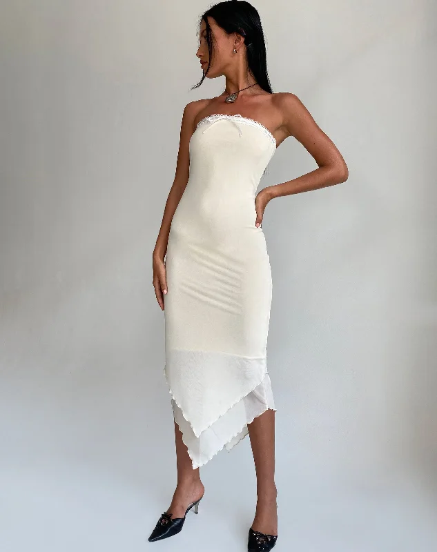 Marve Bandeau Maxi Dress in Mesh Cream