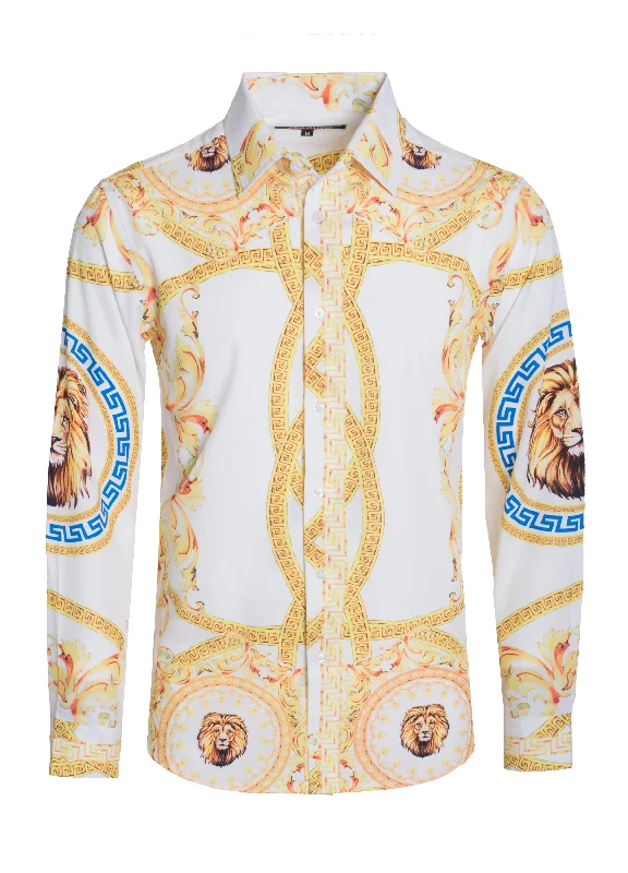 White Digital Printed Design Stretch L/S Shirt (4878)