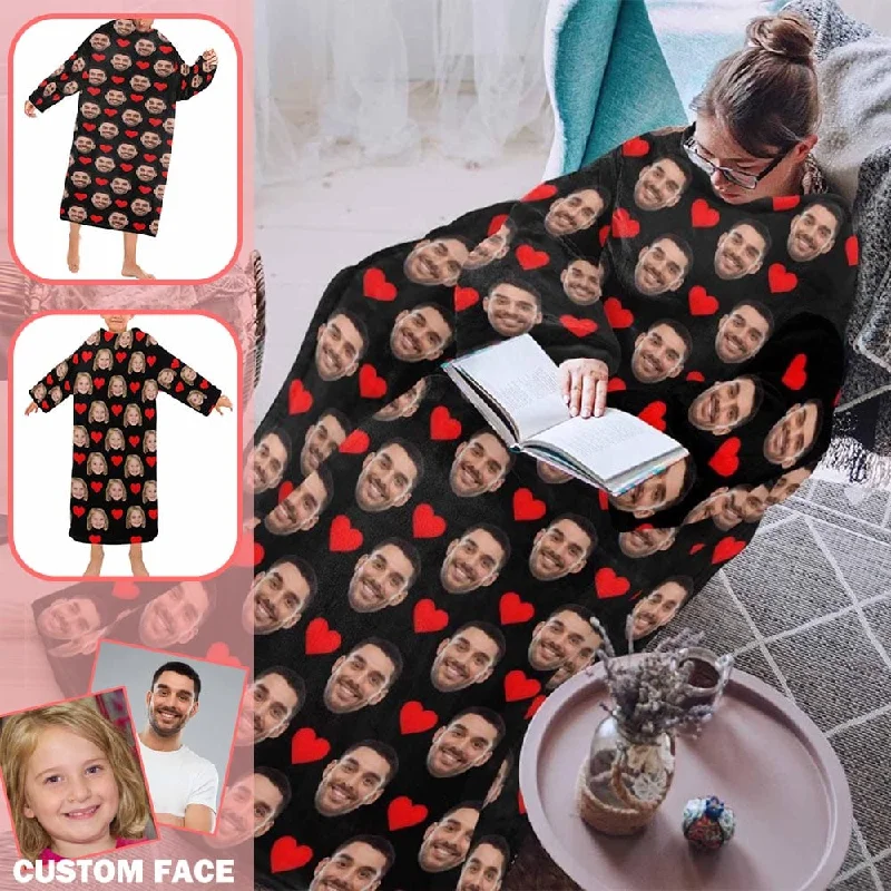 Wearable Blanket Hoodie Custom Face Red Heart Blanket Hoodie for Adult&Kids Personalized Oversized Hoodie Fleece Blanket Photo Gifts