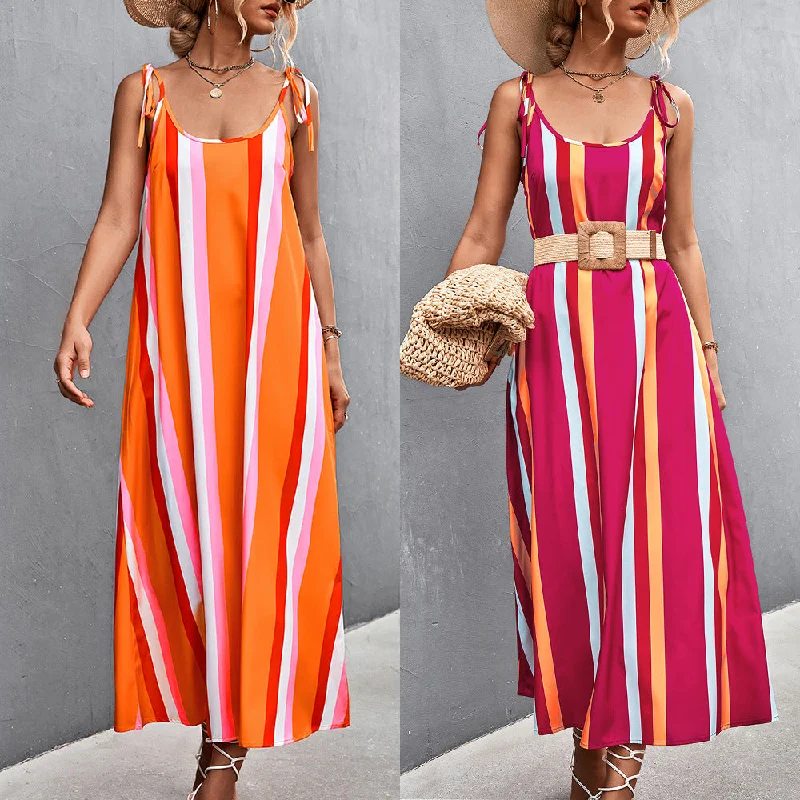 Sexy Backless Striped Long Sleeveless Dresses