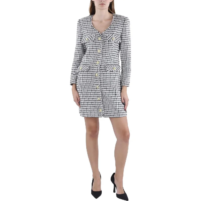 Derek Lam 10 Crosby Womens Frayed Hem Checkered Collarless Blazer