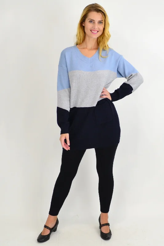 Blue V neck Woolly Winter Tunic Jumper