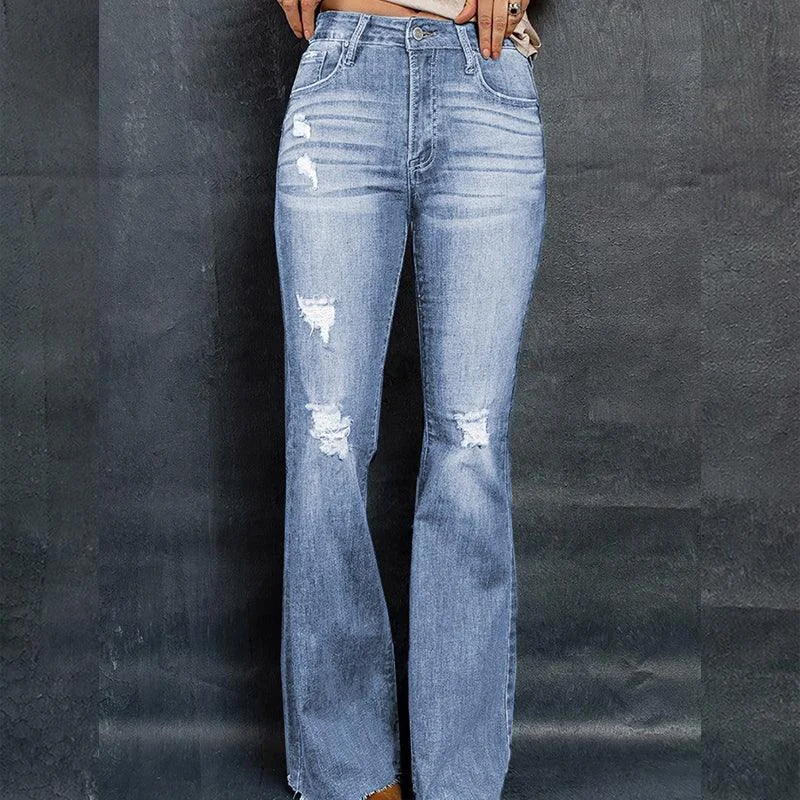 European And American High Waist Slim Denim Washed And Frayed Wide Leg Pants Trousers